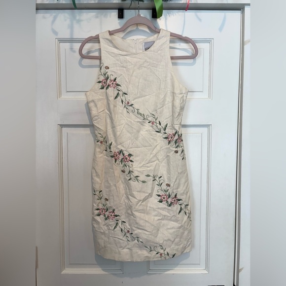 Scarlett Dresses & Skirts - Vintage Scarlett Cream Linen Dress with Green and Pink Floral Embroidery
